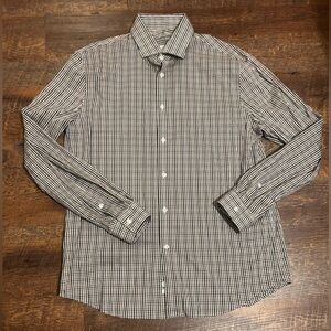 Michael Kors Slim Fit Travel Stretch Plaid Brown Mens Shirt Size L 16.5, 34/35